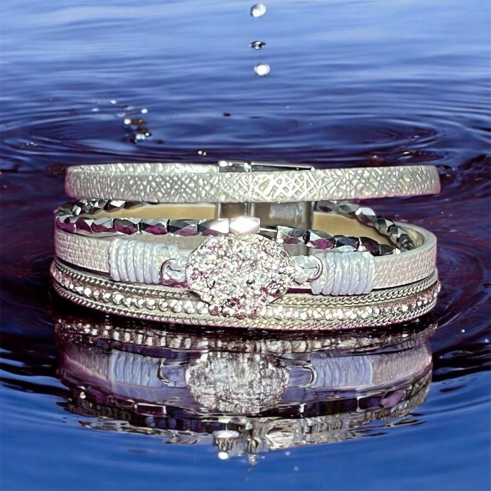 Boho Leather Wrap Bracelet with Rhinestones and Magnetic Clasp - Picture 4 of 13